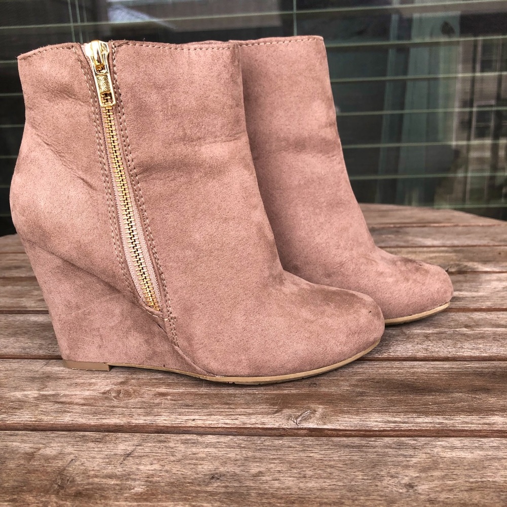 Beige Suede Wedge Booties